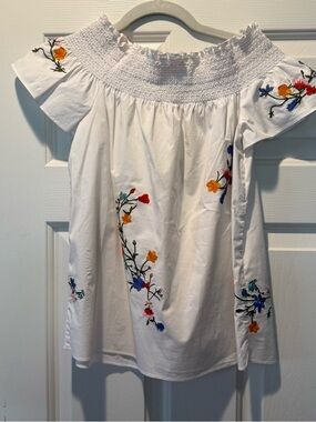 Tory Burch White Off-Shoulder Embroidered Floral Dress